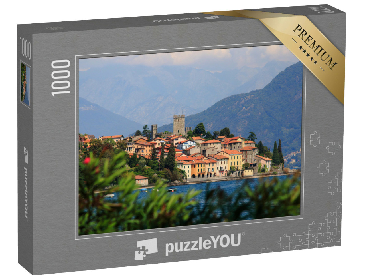 Puzzel 1000 stukjes „San Siro aan het Comomeer met het kasteel en de oude vesting van Rezzonico“