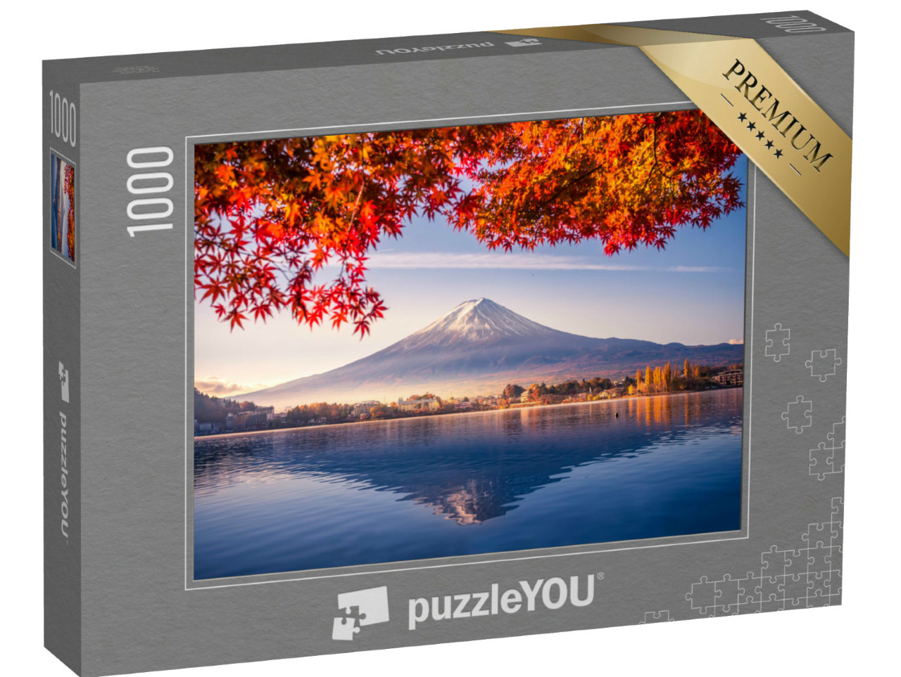 Puzzel 1000 stukjes „Herfstochtend op de berg Fuji met rode bladeren bij het Kawaguchiko meer, Japan“