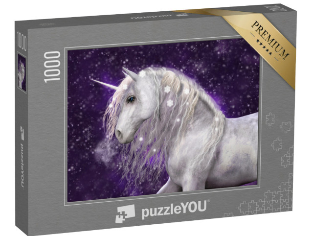 Puzzel 1000 stukjes „Een mooie witte eenhoorn met zilveren manen en sneeuw“