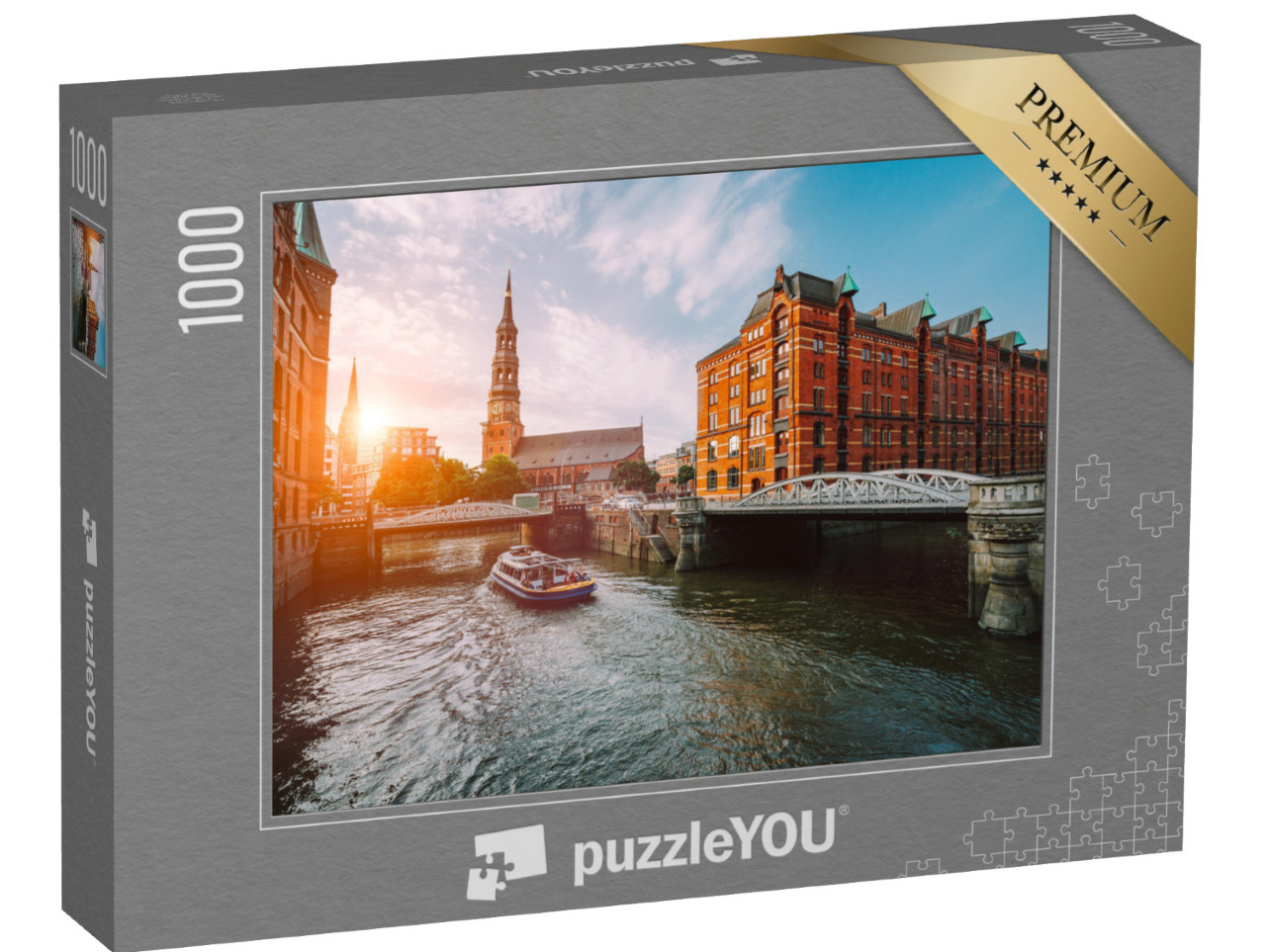 Puzzel 1000 stukjes „Hamburgs pakhuisdistrict Speicherstadt in de gouden zonsondergang“
