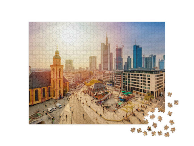 Puzzel 1000 stukjes „Zicht op Frankfurt am Main bij zonsondergang“