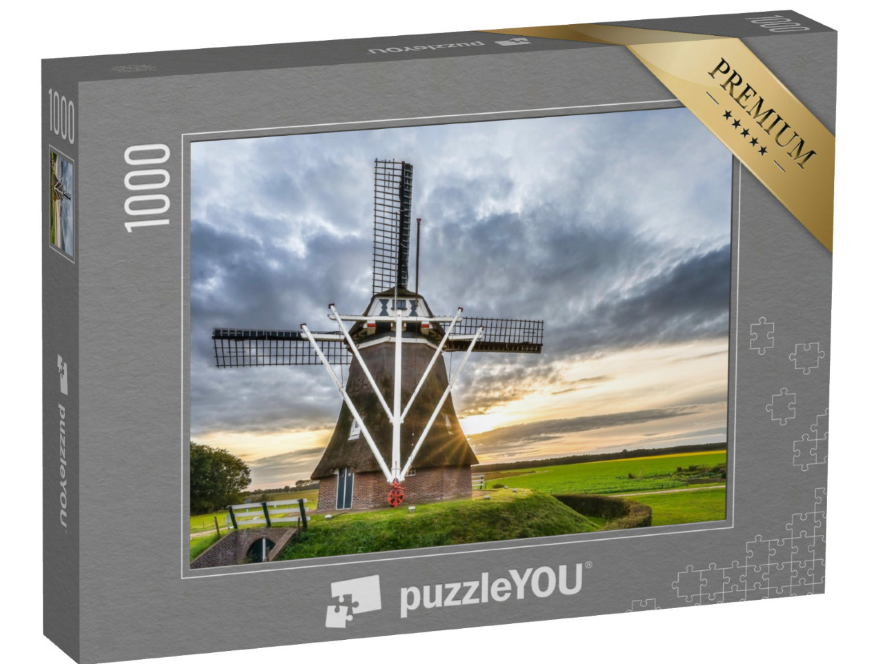Puzzel 1000 stukjes „Oude historische molen in Aalden Drenthe Nederland met wolken en zonnestralen“