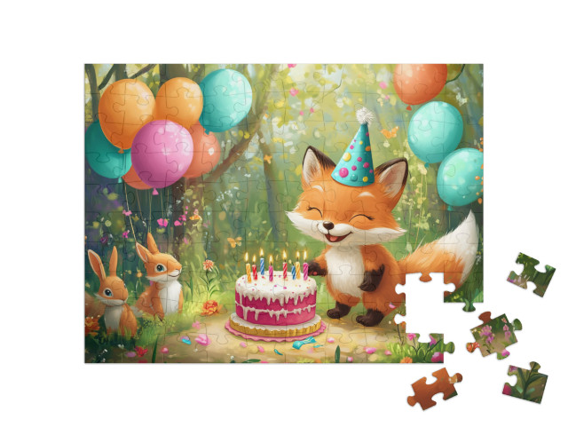 Puzzel 100 stukjes „Kleine vos viert verjaardagsfeestje in het bos“