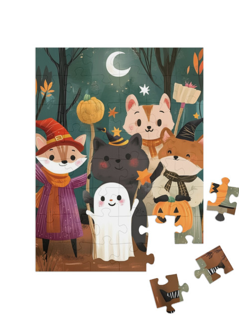 Puzzel 48 stukjes „Dierenliefhebbers vieren Halloween“