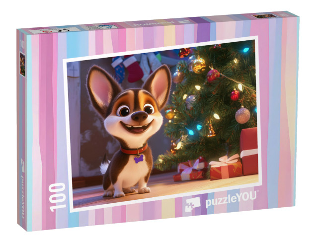 Puzzel 100 stukjes „Puppy Flippi kijkt uit naar cadeautjes“