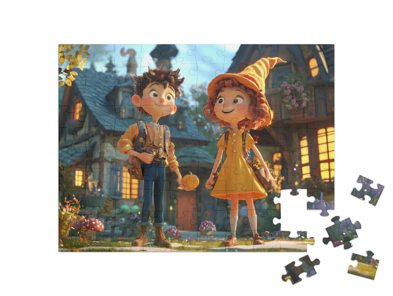 Puzzel 100 stukjes „Jongen en meisje op reis in een magisch land“