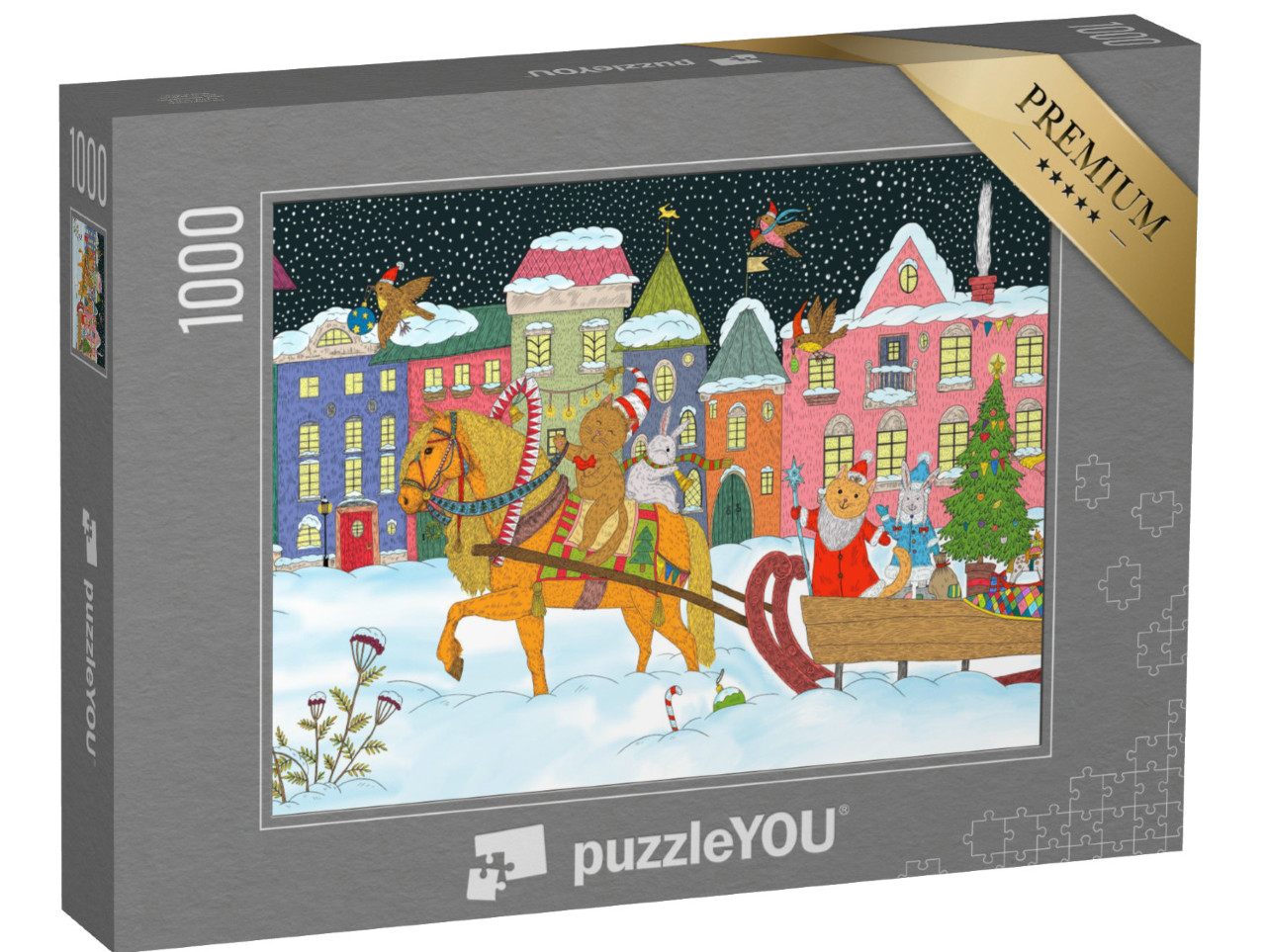 Puzzel 1000 stukjes „Kerst met dieren: De kerstman en dieren op een paardenslee“