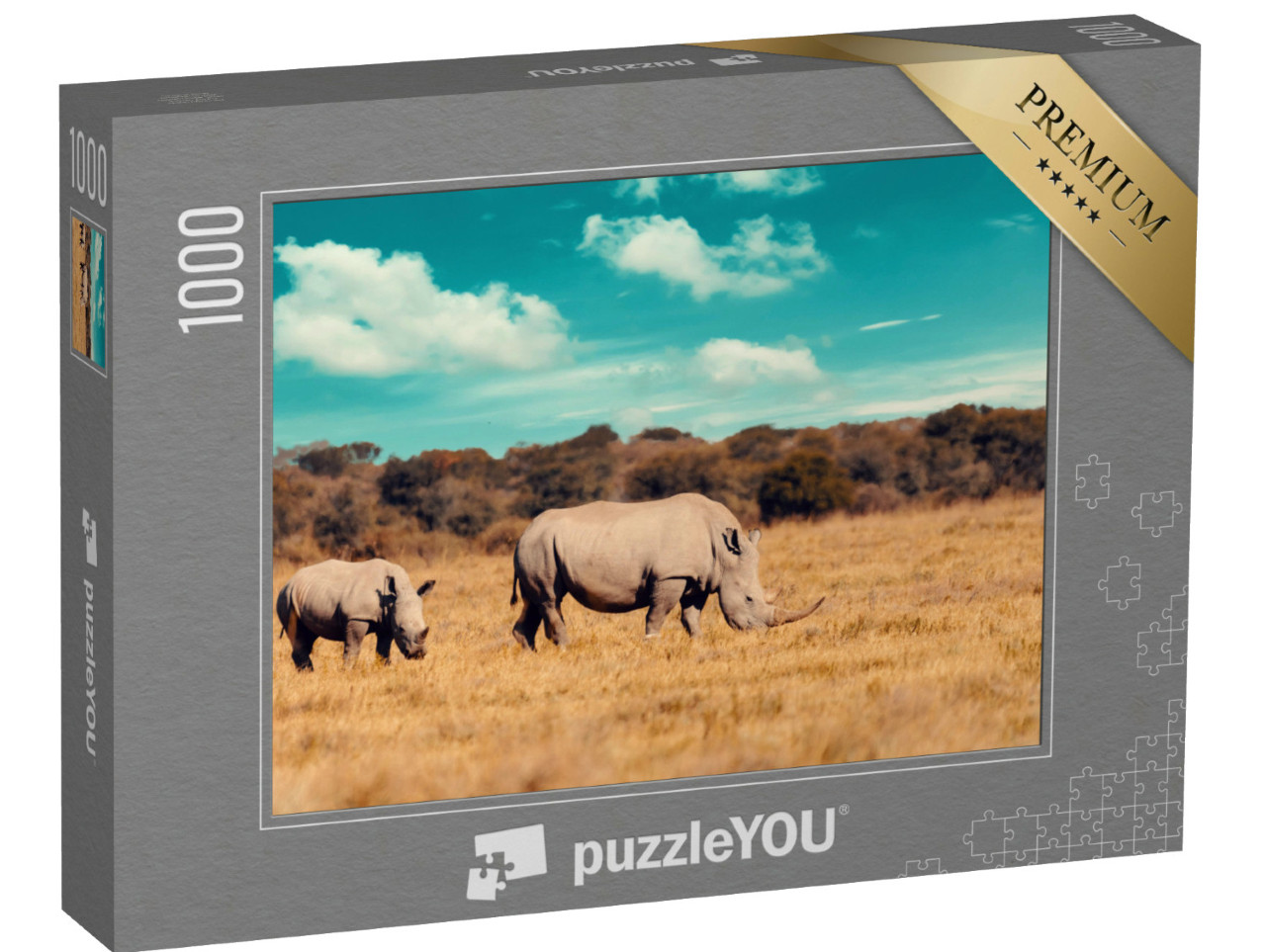 Puzzel 1000 stukjes „Neushoornfamilie, moeder met baby witte neushoorn, Botswana“