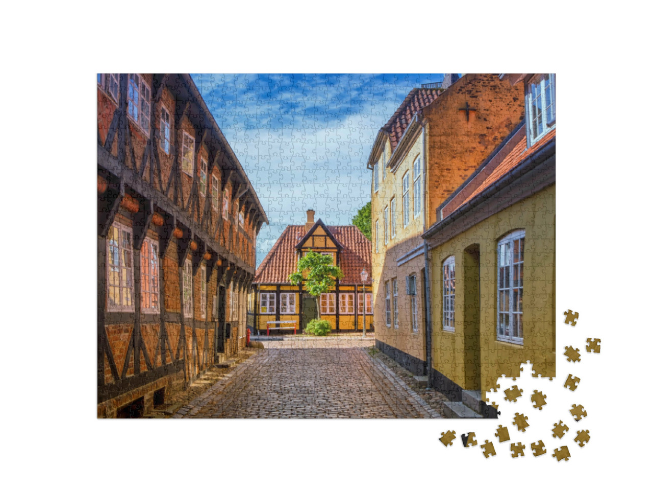 Puzzel 1000 stukjes „Straat en huizen van de middeleeuwse stad Ribe in Denemarken“