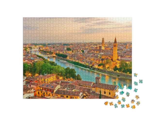 Puzzel 1000 stukjes „Zonsopgang boven het historische centrum van Verona, Italië“