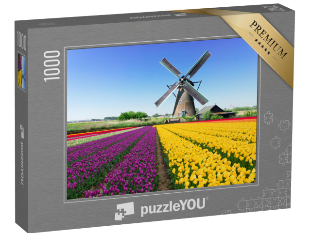 Puzzel 1000 stukjes „Hollandse windmolen boven geel tulpenveld, Nederland“