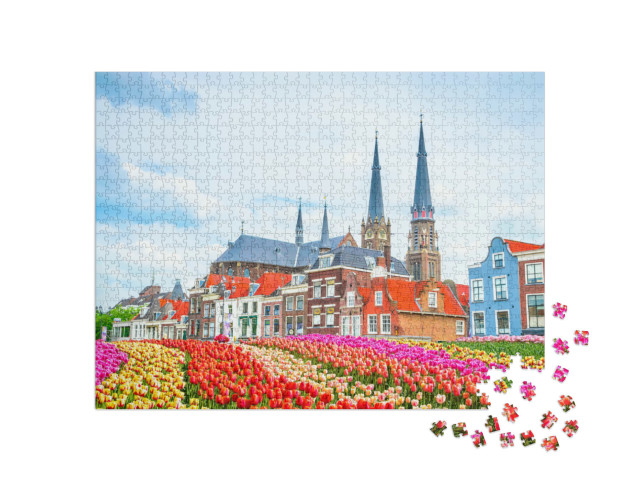 Puzzel 1000 stukjes „Traditionele huizen op het marktplein van de mooie oude stad Delft, Nederland“