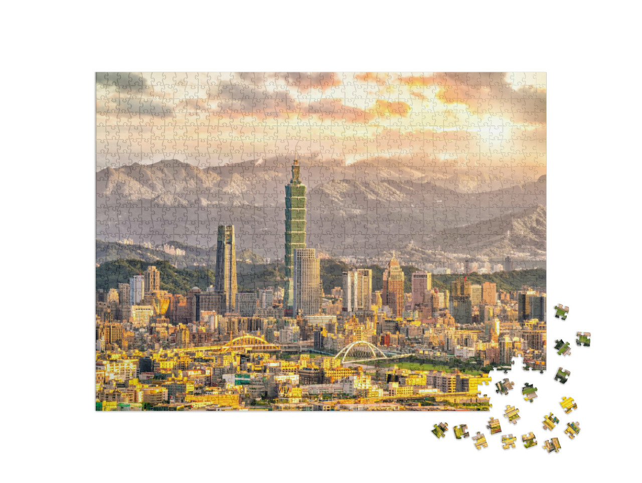 Puzzel 1000 stukjes „Taipei skyline met berglandschap bij zonsondergang“