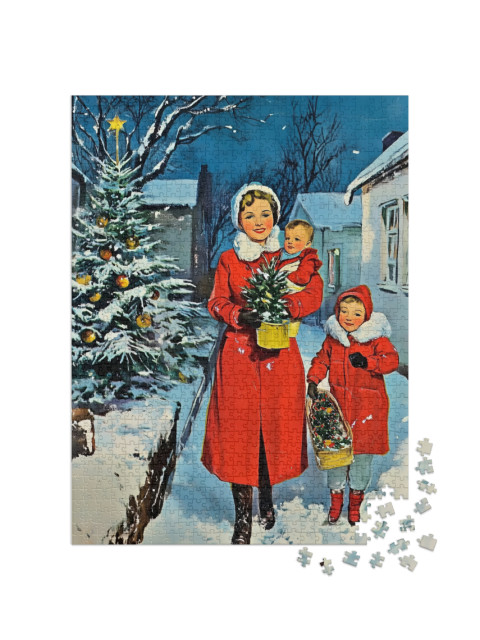 Puzzel 1000 stukjes „Style rétro : mère et enfants en manteaux rouges dans la nuit de Noël“