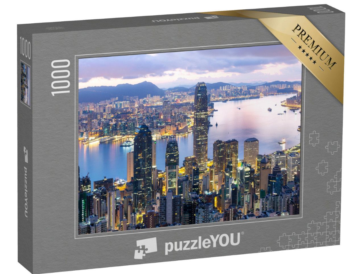 Puzzel 1000 stukjes „Zonsopgang boven een helder verlicht Hongkong“