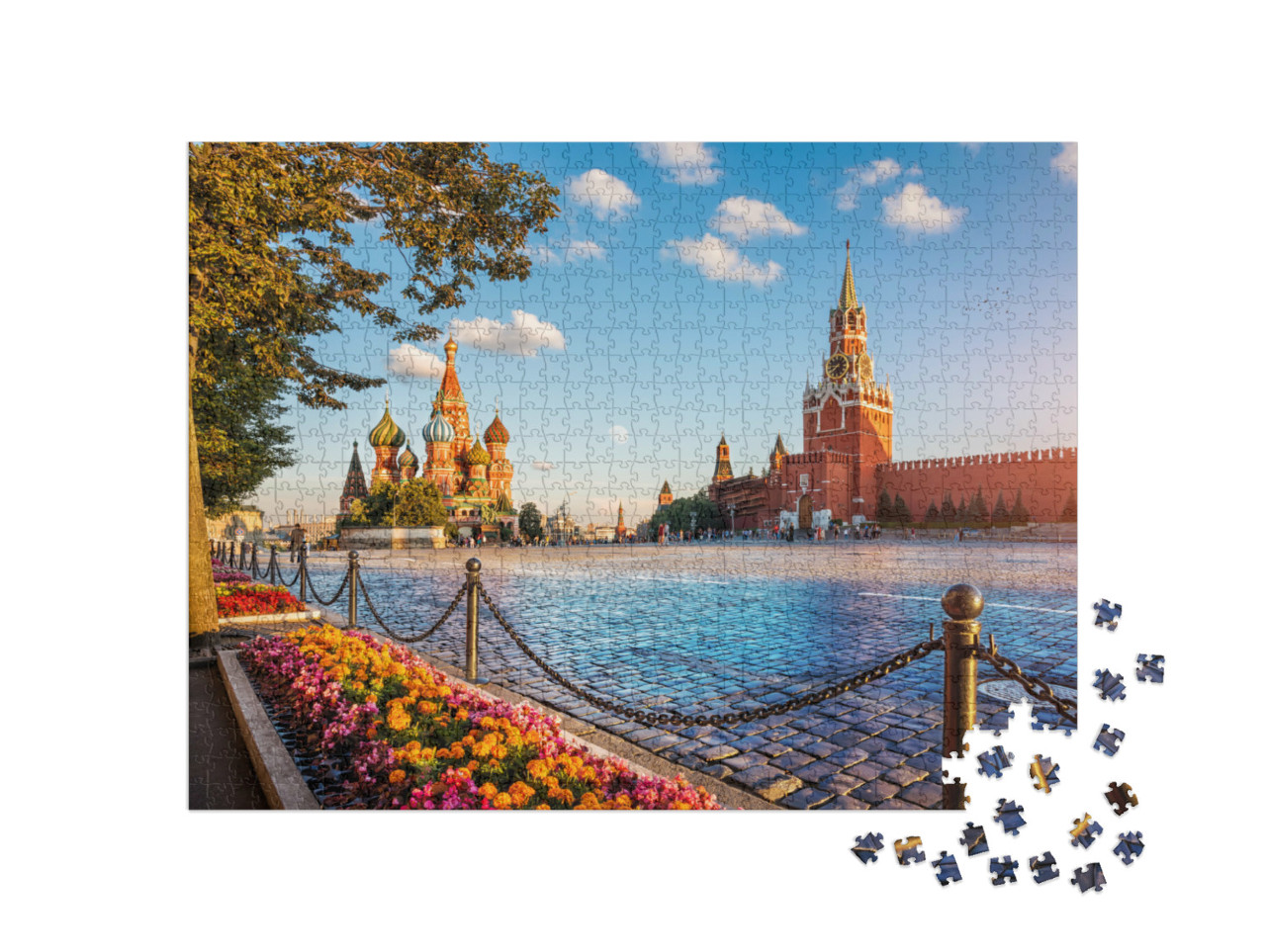Puzzel 1000 stukjes „Sint-Basiliuskathedraal en Spassky-toren op het Rode Plein in Moskou“