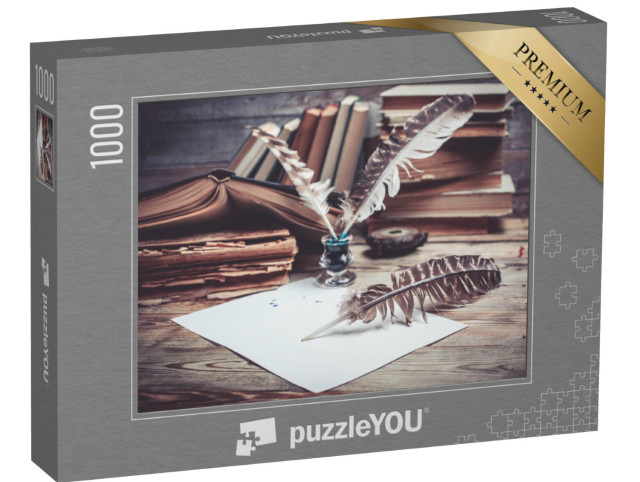 Puzzel 1000 stukjes „Vintage stilleven boeken, inkt en penpunten“