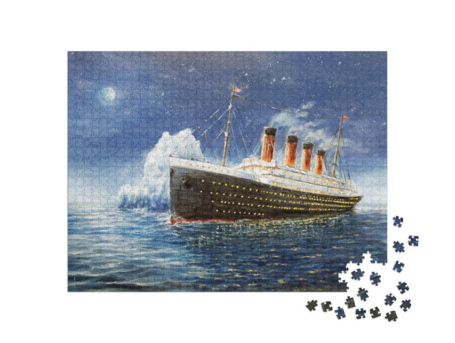 Puzzel 1000 stukjes „Olieverfschilderij: De Titanic botst op de ijsberg“