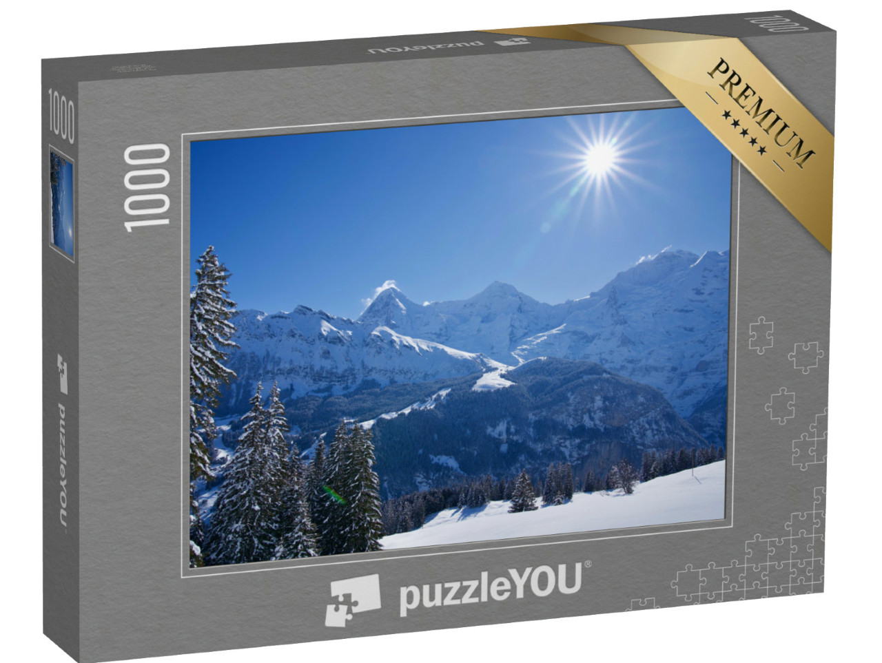 Puzzel 1000 stukjes „Winterlandschap met stervormige zon, Mürren, Zwitserland“