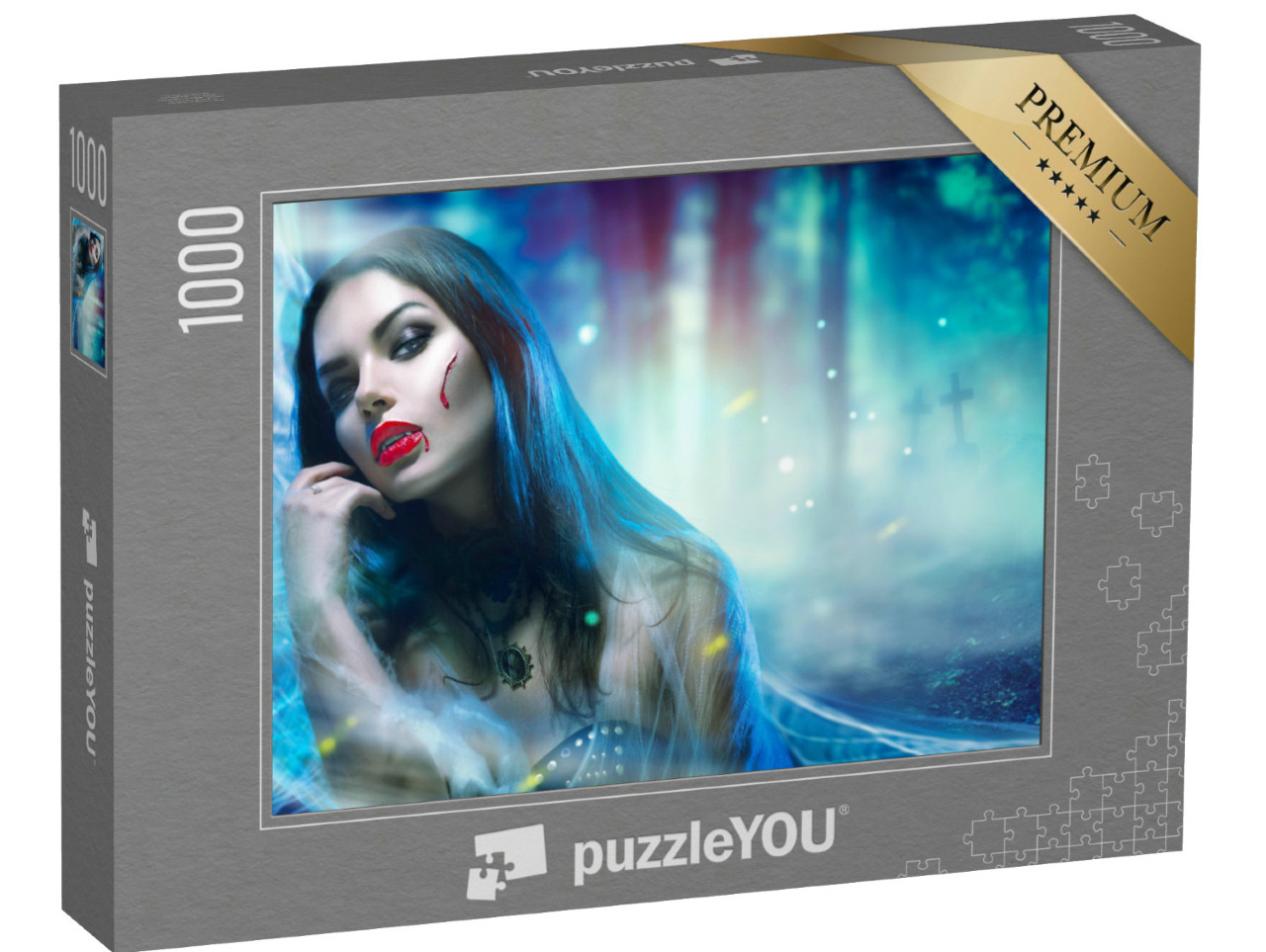 Puzzel 1000 stukjes „Portret van een vampiervrouw op een kerkhof“