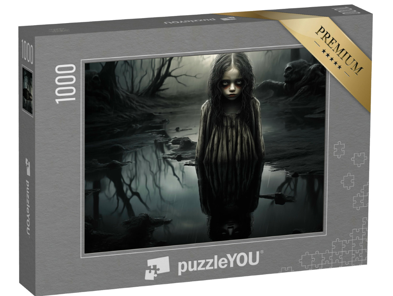 Puzzel 1000 stukjes „Heks weerspiegeld in het water op een donkere nacht“