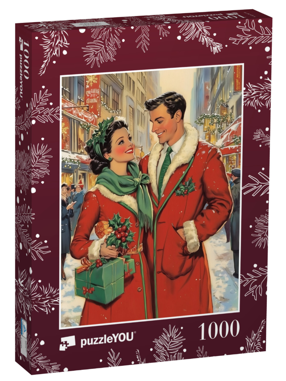 Puzzel 1000 stukjes „Design de Noël vintage : Couple d'amoureux faisant du shopping de Noël“