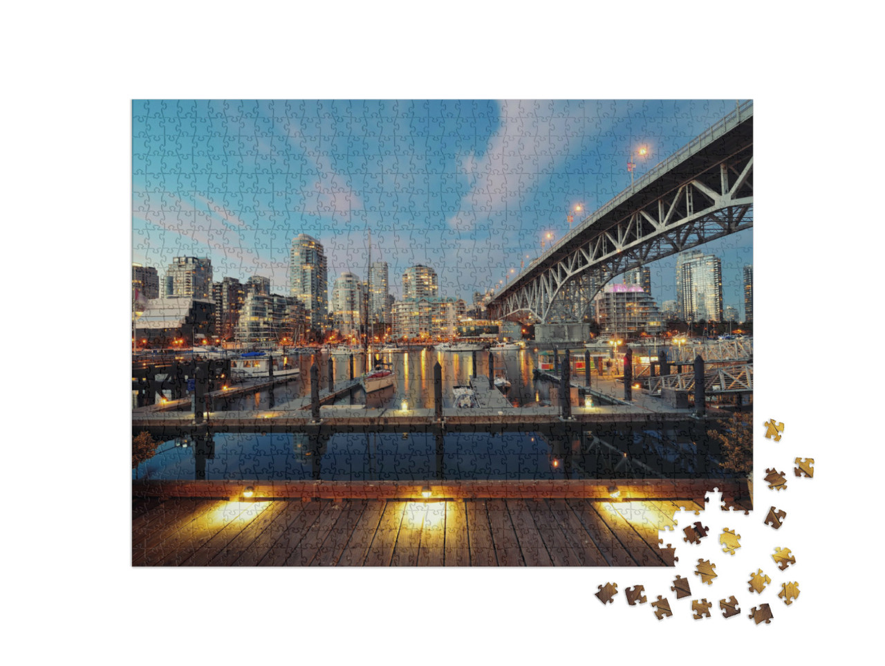 Puzzel 1000 stukjes „Vancouver False Creek bij nacht met brug en boot“