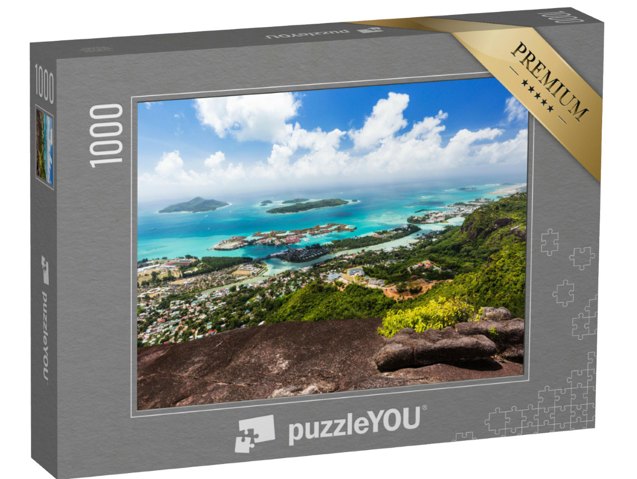 Puzzel 1000 stukjes „Uitzicht vanaf Mount Copolia met granieten rotsen naar de hoofdstad Victoria, Seychellen“