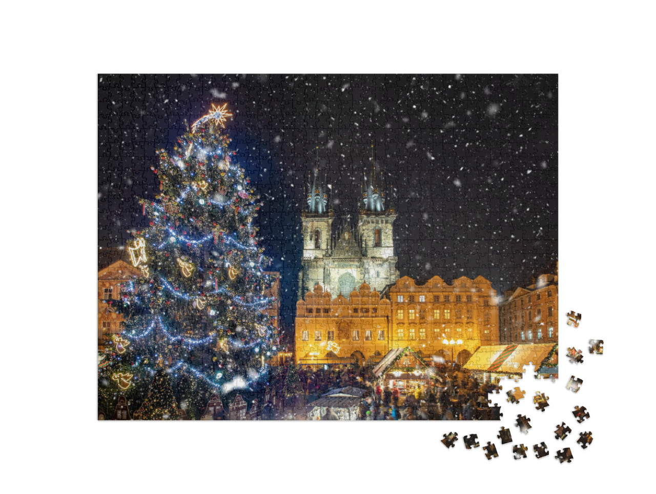 Puzzel 1000 stukjes „Prachtig uitzicht op het Oude Stadsplein met kerstmarkt, Praag bij nacht“