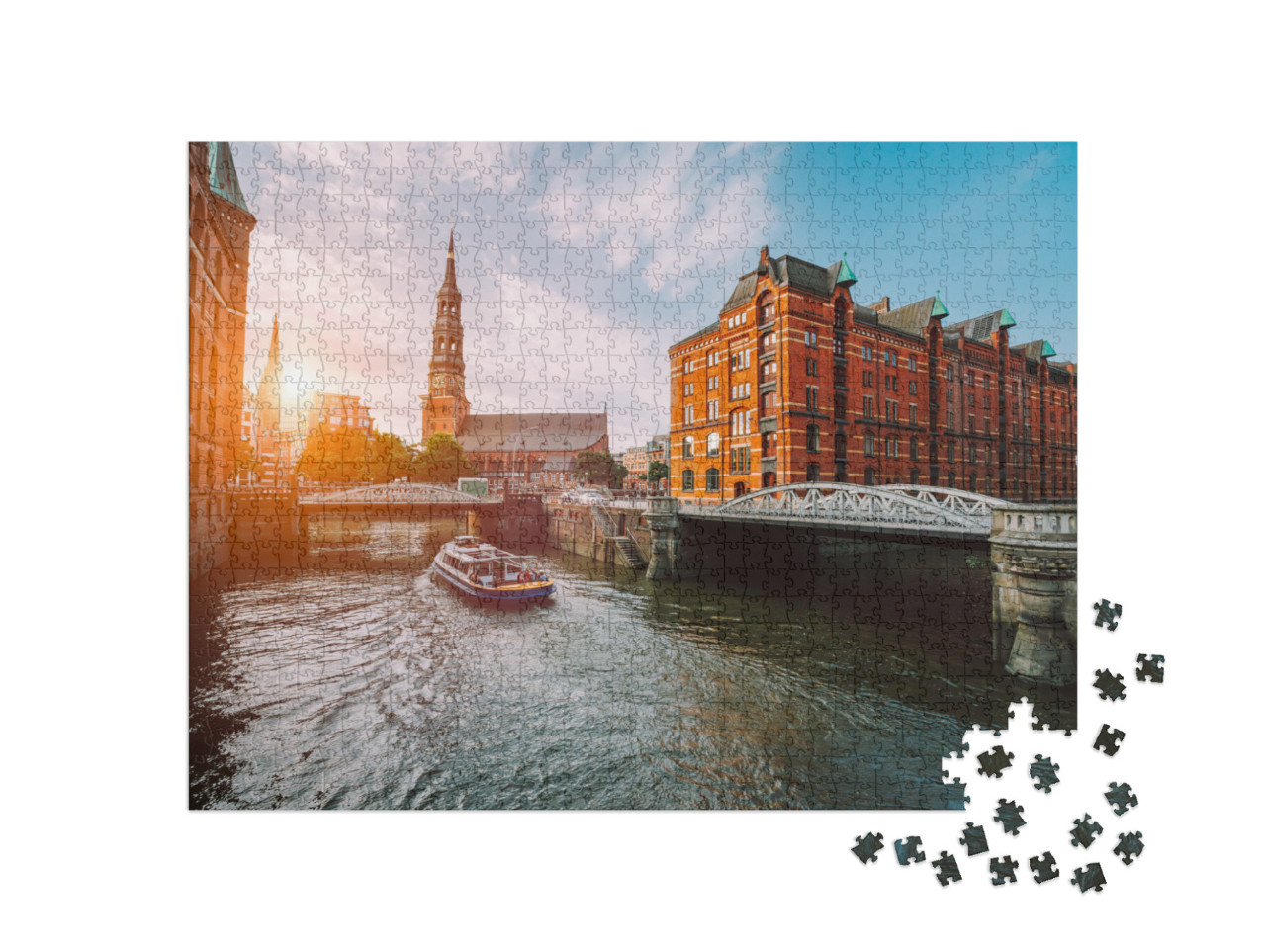 Puzzel 1000 stukjes „Hamburgs pakhuisdistrict Speicherstadt in de gouden zonsondergang“