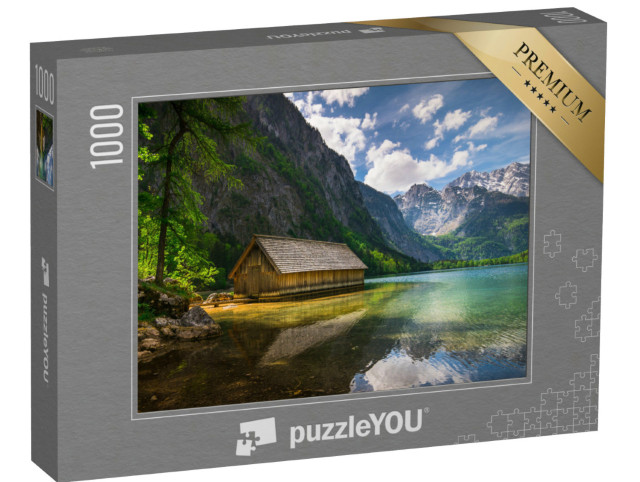 Puzzel 1000 stukjes „Eenzame houten hut bij een bergmeer“