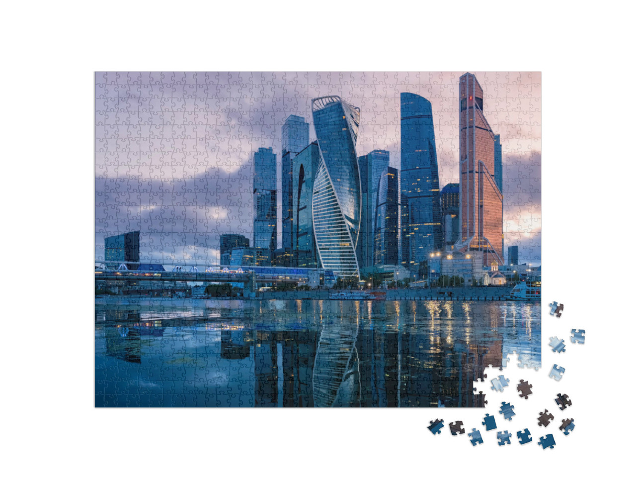 Puzzel 1000 stukjes „Wolkenkrabbers in Moskou: Panorama van het stadscentrum, Rusland“