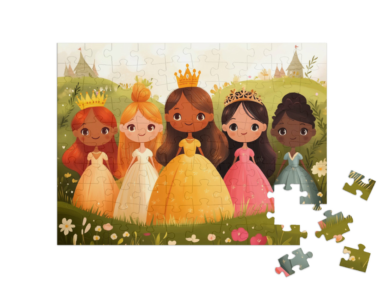 Puzzel 100 stukjes „Vijf prinsessen op het betoverde kasteelbal“