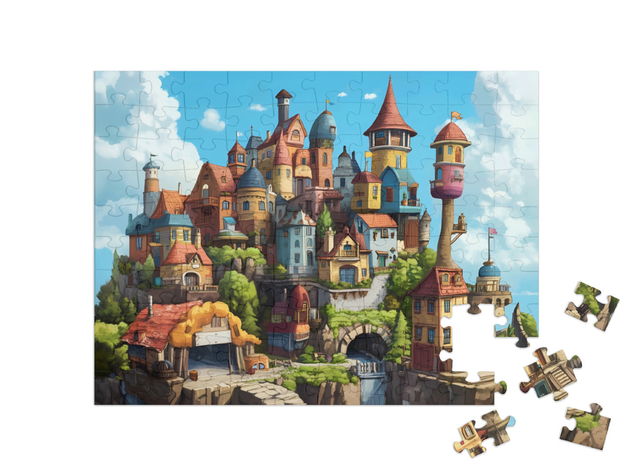 Puzzel 100 stukjes „De mysterieuze stad vol huizen en torens“