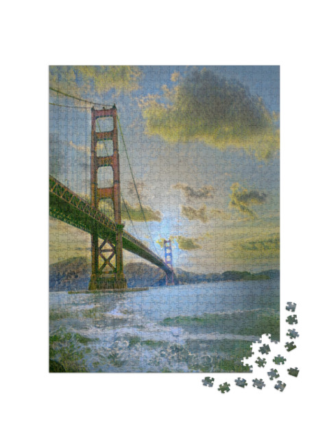 Puzzel 1000 stukjes „in de kunststijl van Claude Monet - Golden Gate Bridge bij zonsondergang“