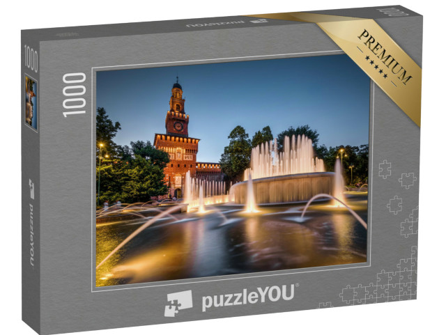 Puzzel 1000 stukjes „Castello Sforzesco met fontein verlicht in de avond, Milaan, Italië“