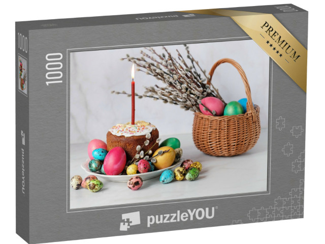 Puzzel 1000 stukjes „Een paascake met een kaars en kleurrijk versierde paaseieren“