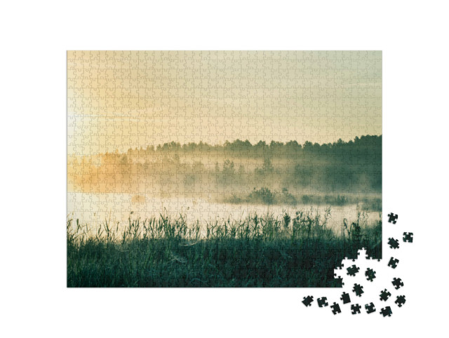 Puzzel 1000 stukjes „Waterrijk landschap met zon, Letland, Noord-Europa“
